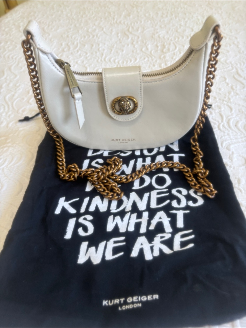 Kurt Geiger Cream Leather Crescent Shoulder Bag with Gold Chain